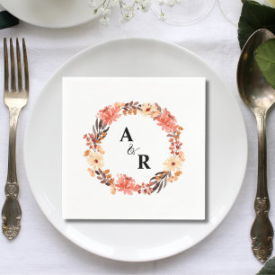 Modern Watercolor Floral Couple Initials Wedding Napkin