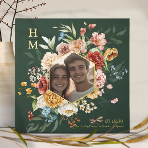 Modern Watercolor Floral Couple Photo Wedding gold Guest Book