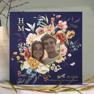 Modern Watercolor Floral Couple Photo Wedding gold Guest Book