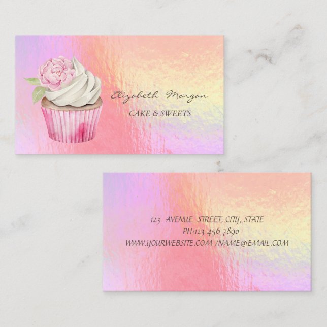  Modern Watercolor Floral Cupcake Holographic  Business Card (Front/Back)