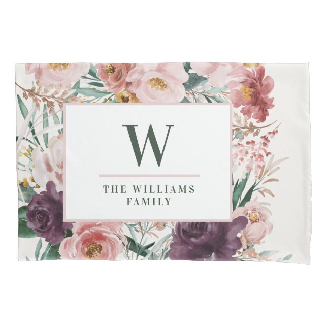 Modern watercolor floral elegant family pillowcase (Front-Left)