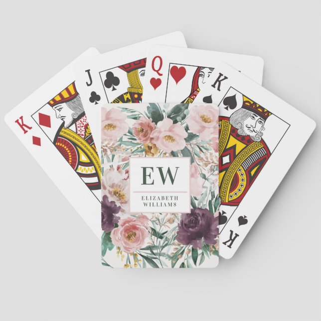 Modern watercolor floral elegant monogram playing cards (Back)