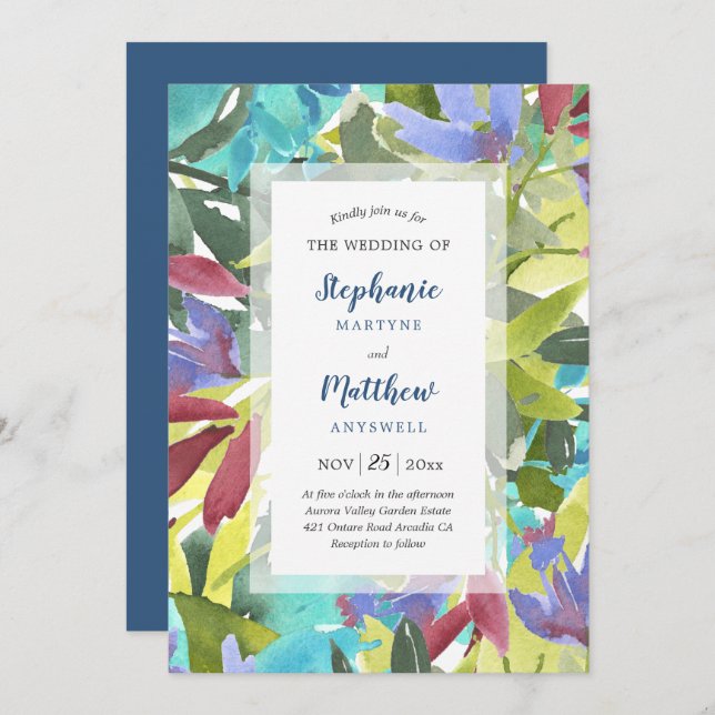 Modern Watercolor Floral Foliage Turquoise Wedding Invitation (Front/Back)