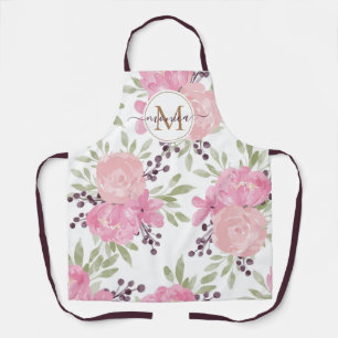 Modern Watercolor Floral Gold Monogram Name Apron