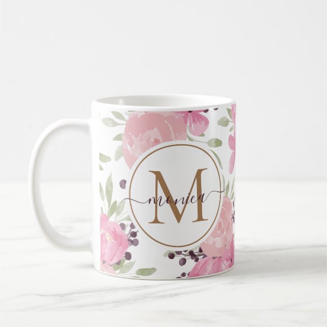 Modern Watercolor Floral Gold Monogram Name Coffee Mug (Left)