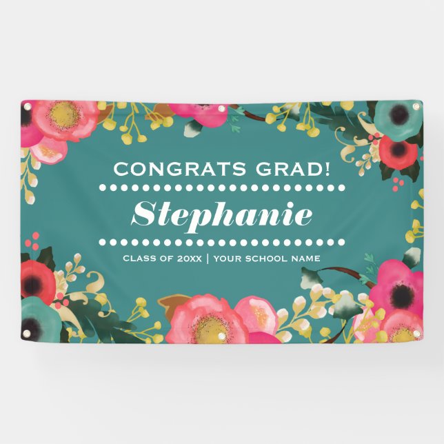 Modern Watercolor Floral Graduation Party  Banner (Horizontal)