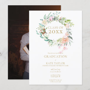 Modern Watercolor Floral Graduation Party Photo Invitation