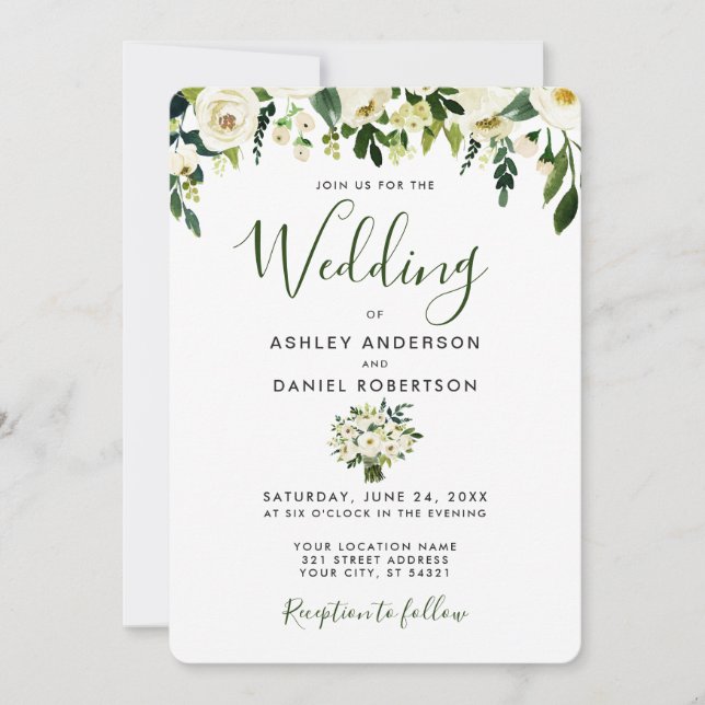 Modern Watercolor Floral Green Wedding Invitation (Front)