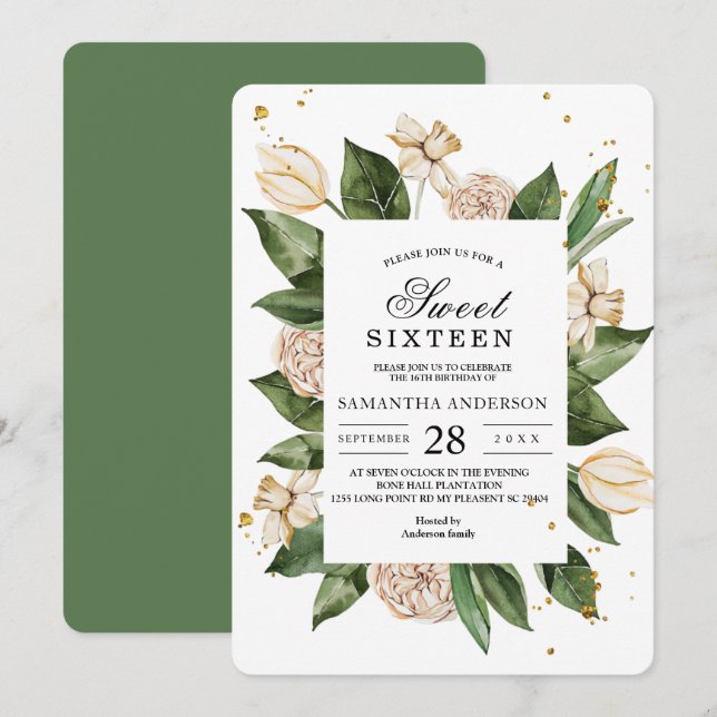 Modern Watercolor Floral Green & Yellow Frame Invitation (Front/Back)
