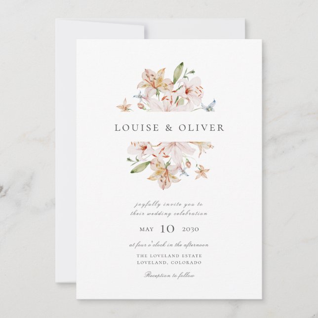Modern Watercolor Floral Lilies Wedding Invitation (Front)