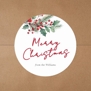 Modern Watercolor Floral Merry Christmas Classic Round Sticker