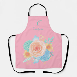 Modern Watercolor Floral Monogram Blush Pink Teal  Apron