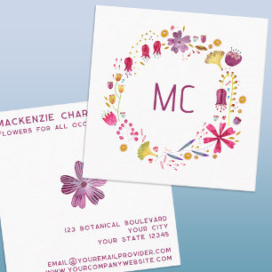 Modern Watercolor Floral Monogram Square Business Card