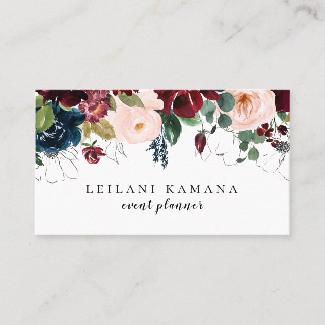 Modern Watercolor Floral Navy Blue Business Card (Front)