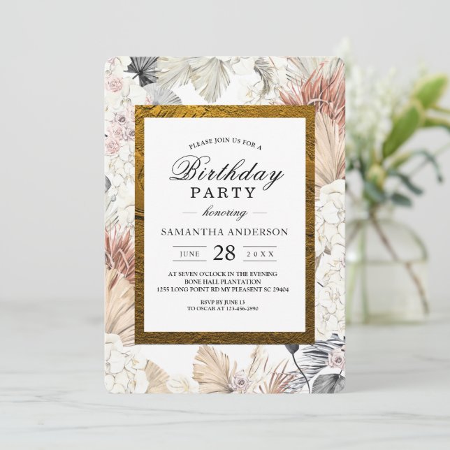 Modern Watercolor Floral Orchid Gold Frame  Invitation (Standing Front)