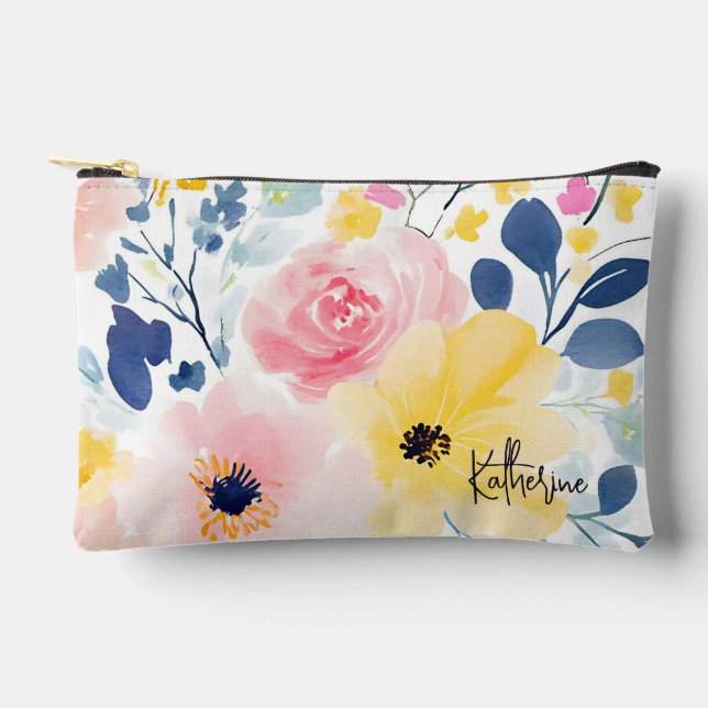 Modern Watercolor Floral Pattern Accessory Pouch (Front)
