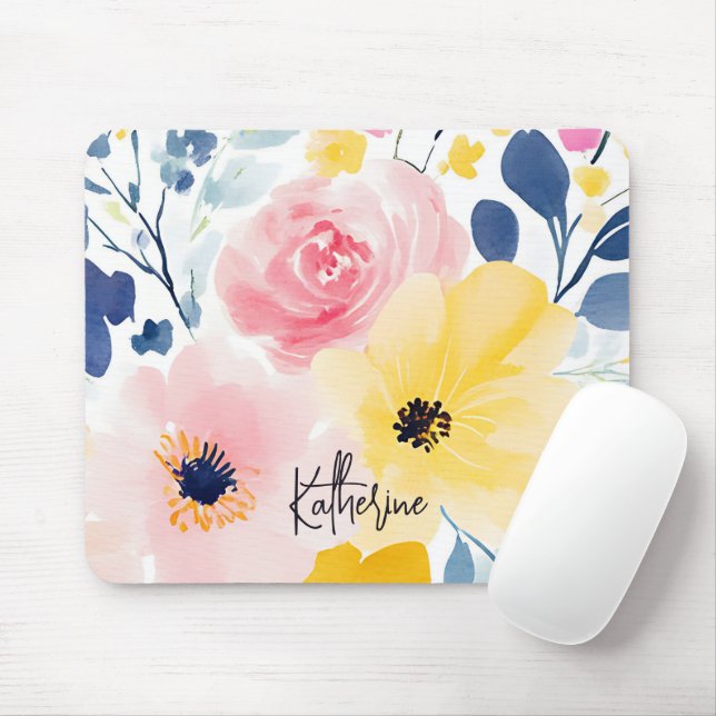 Modern Watercolor Floral Pattern Mouse Mat (With Mouse)