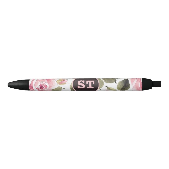 Modern Watercolor Floral Pink Black Black Ink Pen (Front)