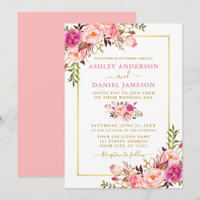 Modern Watercolor Floral Pink Blush Gold Wedding Invitation (Front/Back)