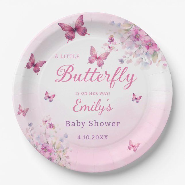 Modern Watercolor floral pink butterfly girl  Paper Plate (Front)
