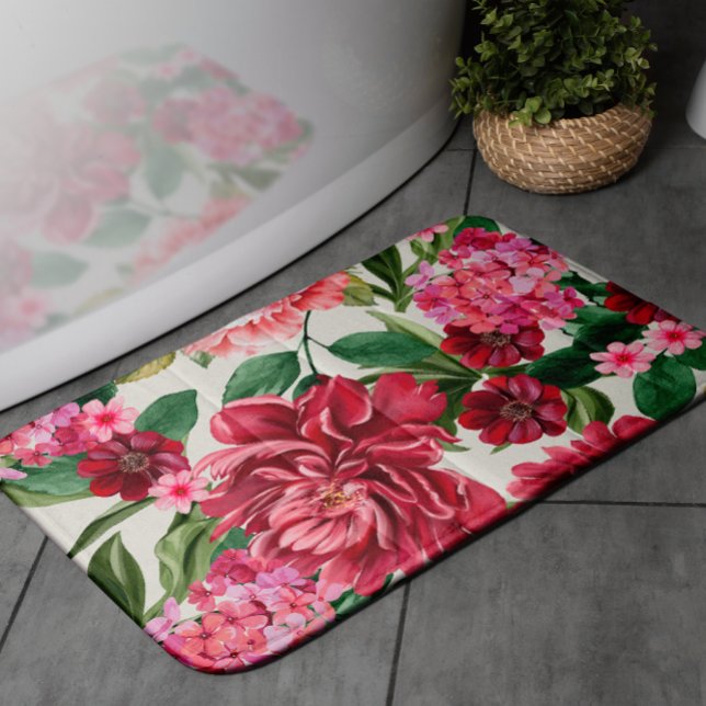 Modern Watercolor floral pink red flowers Bath Mat (Creator Uploaded)