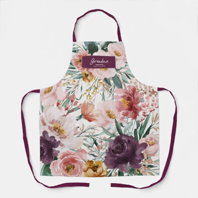Modern watercolor floral purple elegant grandma apron (Front)
