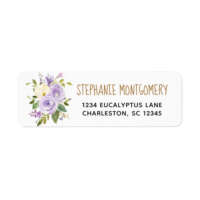 Modern Watercolor Floral Purple Gold Address (Front)