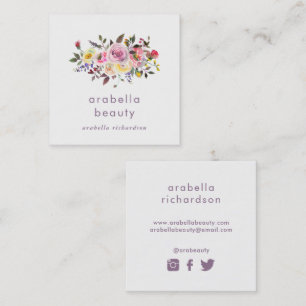 Modern Watercolor Floral   Social Media Icons Square Business Card