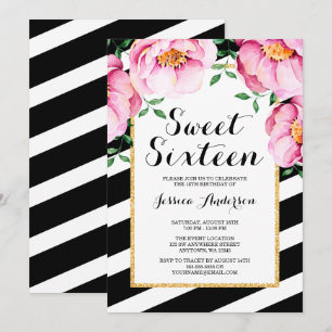 Modern Watercolor Floral Stripes Sweet 16 Invitation