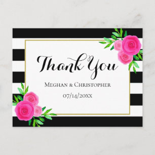 Modern Watercolor Floral Stripes Wedding Thank You Postcard