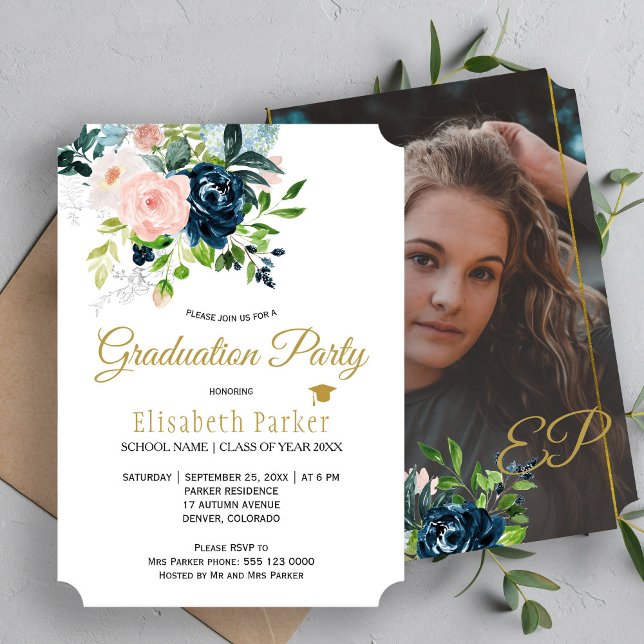 Modern watercolor floral summer PHOTO graduation Invitation (Creator Uploaded)