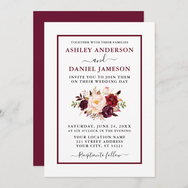 Modern Watercolor Floral Wedding Burgundy Invitation (Front/Back)