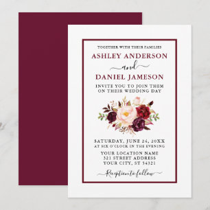 Modern Watercolor Floral Wedding Burgundy Invitation