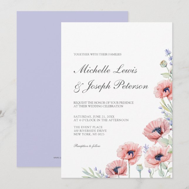 Modern Watercolor Floral Wedding Invitation Cards (Front/Back)