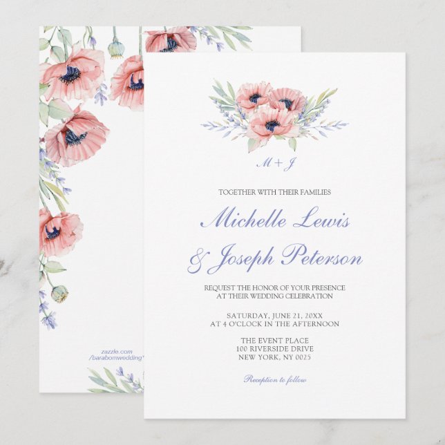 Modern Watercolor Floral Wedding Invitation Cards (Front/Back)
