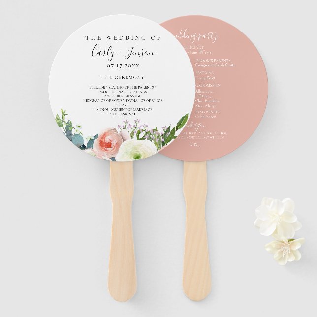Modern Watercolor Floral Wedding Program Hand Fans (Front and Back)