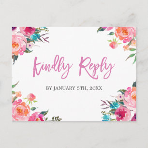 Modern Watercolor Floral Wedding RSVP Reply Invitation Postcard