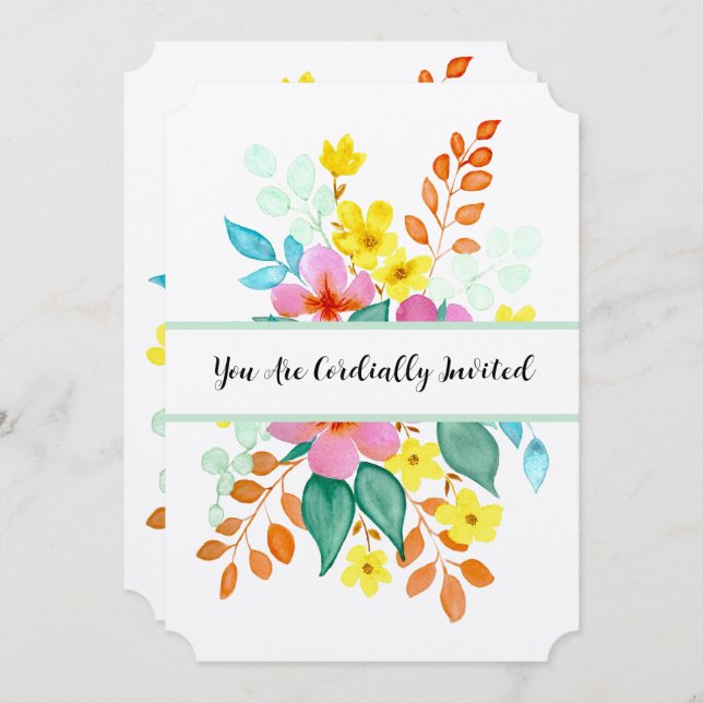 Modern Watercolor Florals in Bright Colours Invitation (Front/Back)