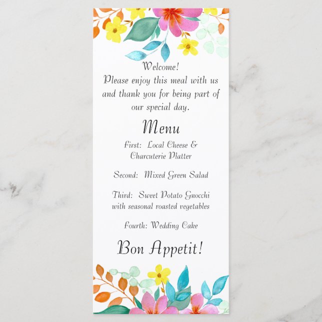 Modern Watercolor Florals in Bright Colours Menu (Front)