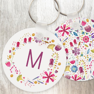Modern Watercolor Flower Monogram Key Ring