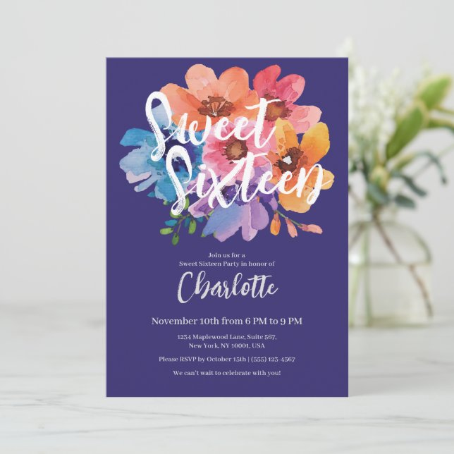 Modern Watercolor Flower Sweet 16 Party  Invitation (Standing Front)