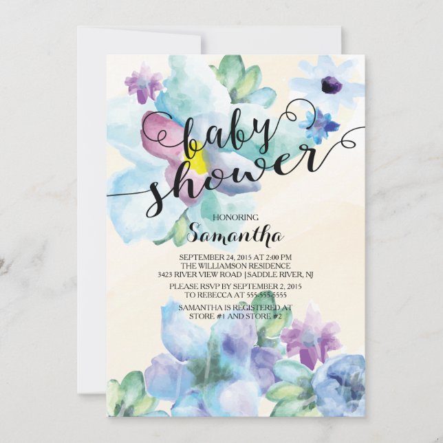 Modern Watercolor Flowers Baby Shower Invitation (Front)