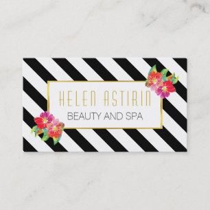 Modern watercolor flowers black and white stripes business card