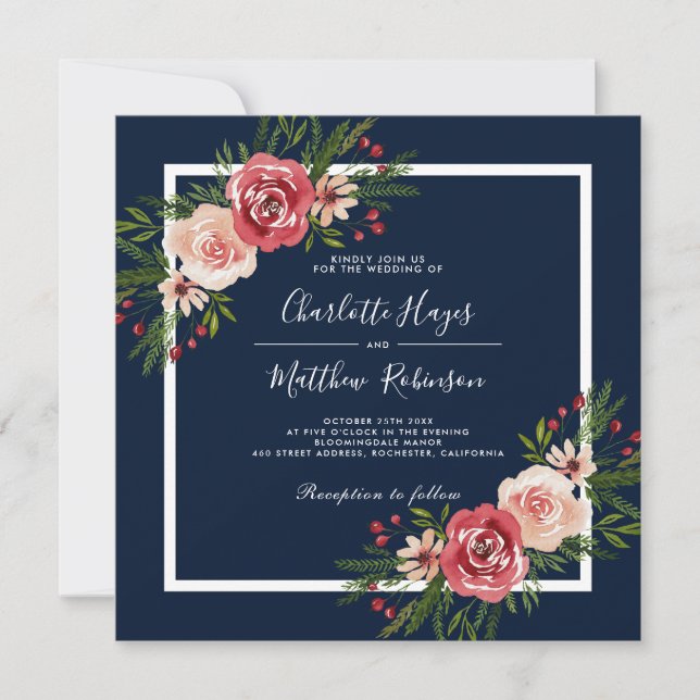Modern Watercolor Flowers Blue Winter Wedding Invitation (Front)