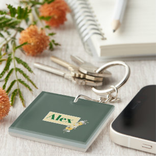 Modern Watercolor Flowers & green Bg Key Ring