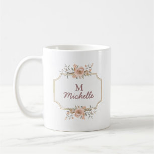 Modern Watercolor flowers Monogram Script Name Coffee Mug