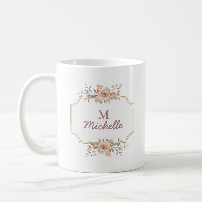 Modern Watercolor flowers Monogram Script Name Coffee Mug (Left)