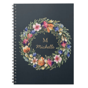 Modern Watercolor flowers Monogram Script Name Notebook