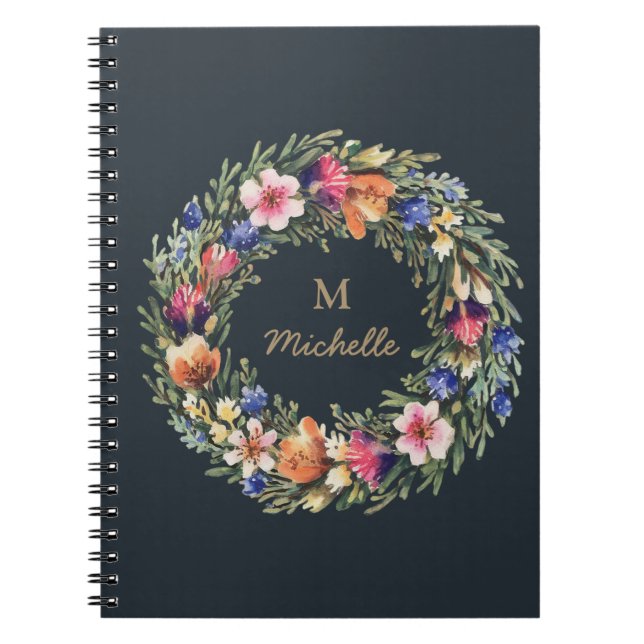Modern Watercolor flowers Monogram Script Name     Notebook (Front)