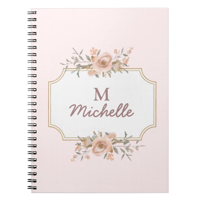 Modern Watercolor flowers Monogram Script Name Notebook (Front)